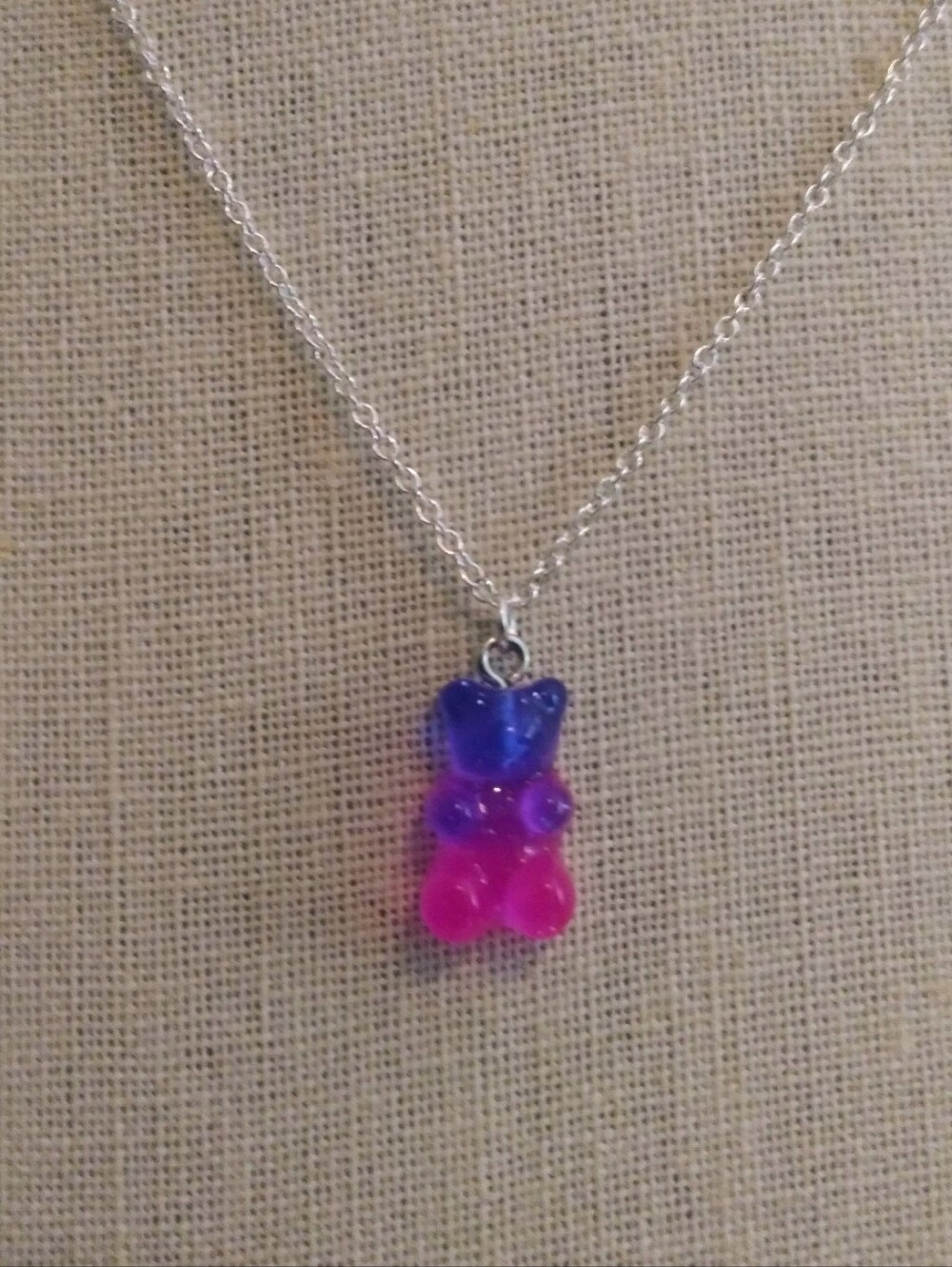 Silver Chain Necklace with Pink and Purple Gummy Bear Pendant